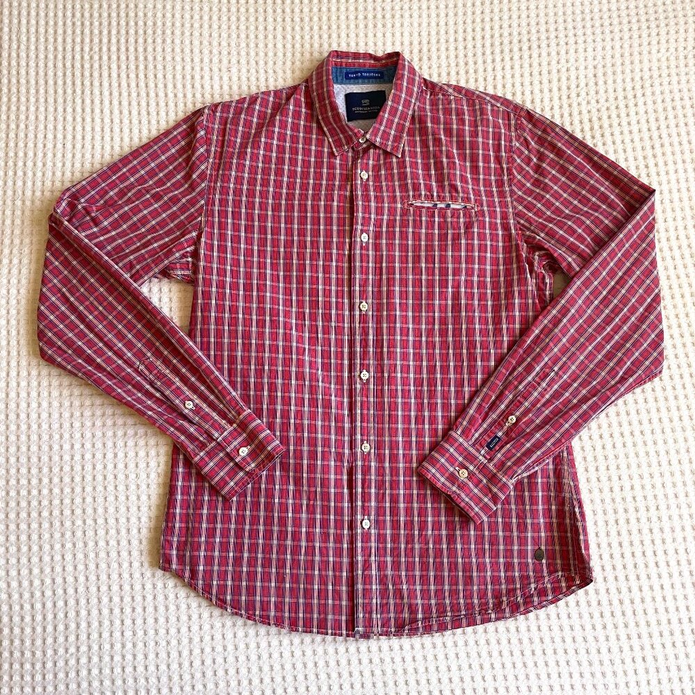 Scotch & Soda coral plaid button front shirt, men's M